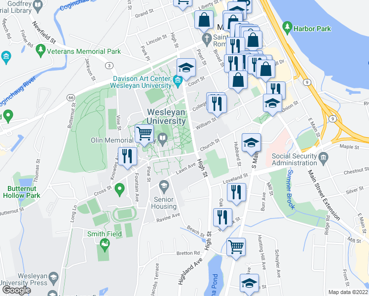 map of restaurants, bars, coffee shops, grocery stores, and more near 200 Church Street in Middletown