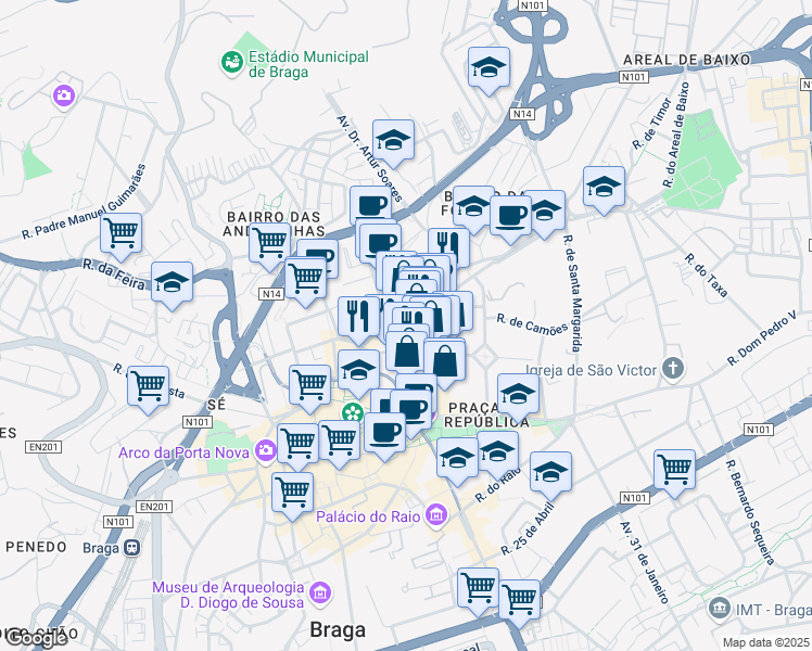 map of restaurants, bars, coffee shops, grocery stores, and more near 36 Praça Alexandre Herculano in Braga