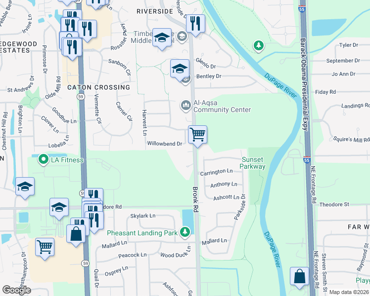 map of restaurants, bars, coffee shops, grocery stores, and more near 4404 Willowbend Drive in Plainfield