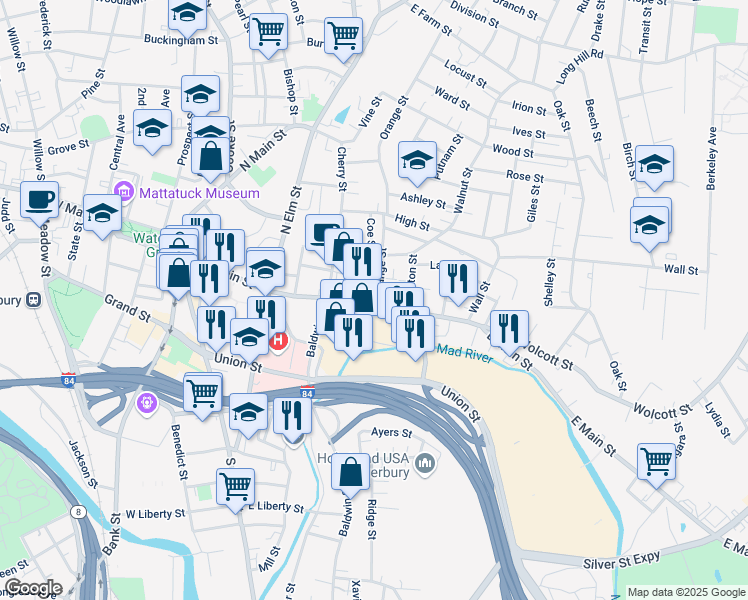 map of restaurants, bars, coffee shops, grocery stores, and more near 487 East Main Street in Waterbury