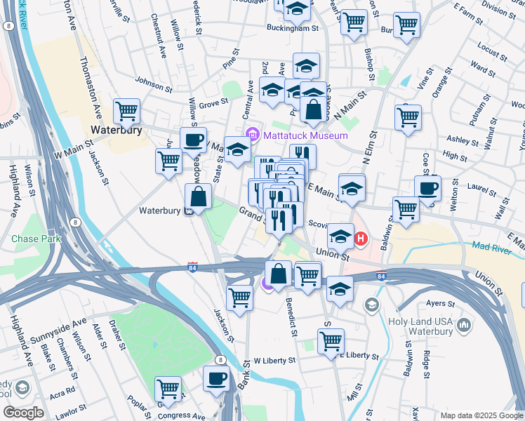 map of restaurants, bars, coffee shops, grocery stores, and more near 61 Leavenworth Street in Waterbury