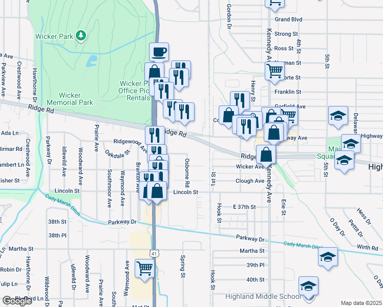 map of restaurants, bars, coffee shops, grocery stores, and more near 8701 Osborne Road in Highland