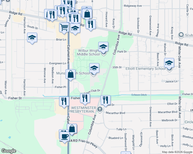 map of restaurants, bars, coffee shops, grocery stores, and more near 8808 Columbia Avenue in Munster