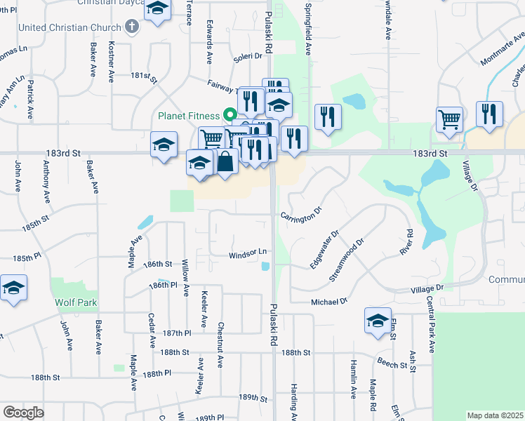 map of restaurants, bars, coffee shops, grocery stores, and more near 123 Williamsburg Road in Country Club Hills