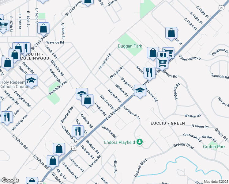 map of restaurants, bars, coffee shops, grocery stores, and more near 1745 Wayside Road in Cleveland
