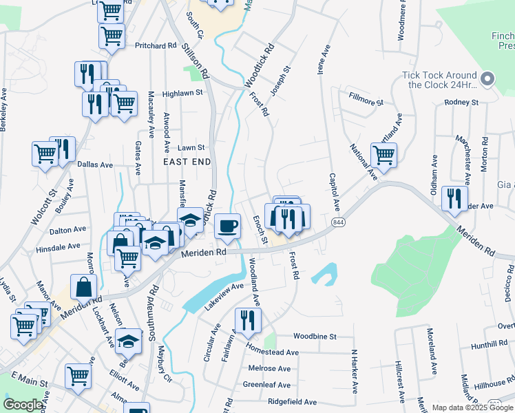 map of restaurants, bars, coffee shops, grocery stores, and more near 74 Enoch Street in Waterbury