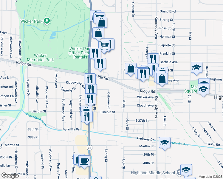 map of restaurants, bars, coffee shops, grocery stores, and more near 8701 Osborne Road in Highland