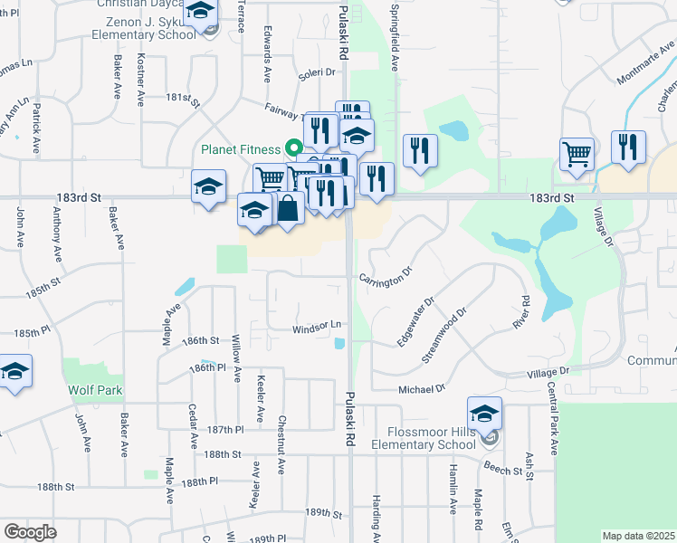 map of restaurants, bars, coffee shops, grocery stores, and more near 125 Williamsburg Road in Country Club Hills
