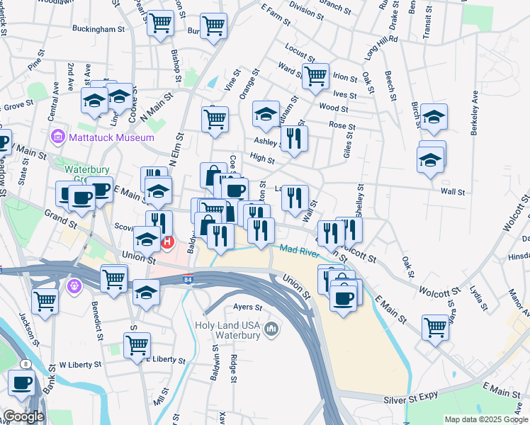 map of restaurants, bars, coffee shops, grocery stores, and more near 14 Welton Street in Waterbury