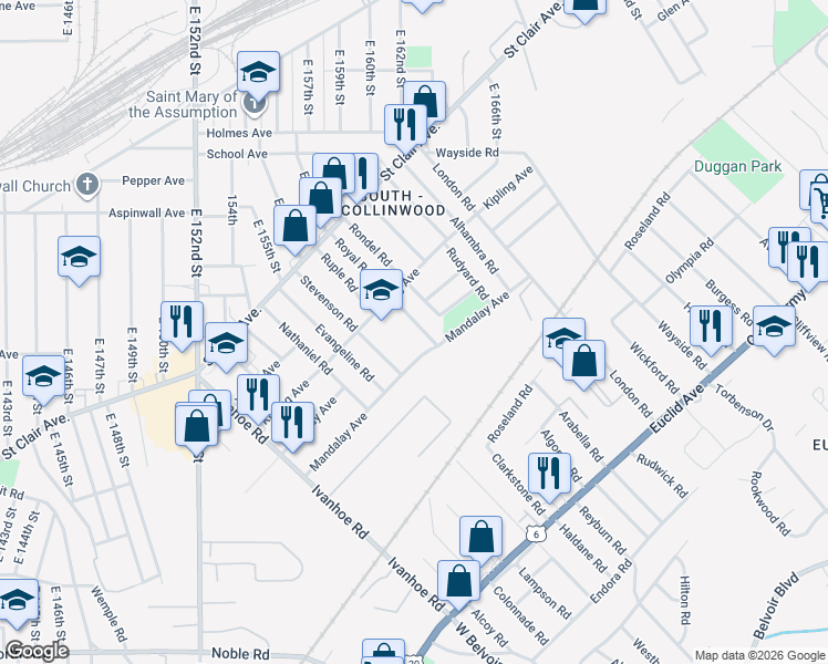 map of restaurants, bars, coffee shops, grocery stores, and more near 974 Royal Road in Cleveland