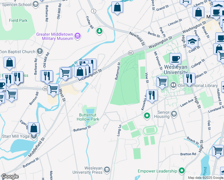map of restaurants, bars, coffee shops, grocery stores, and more near 125 Butternut Street in Middletown