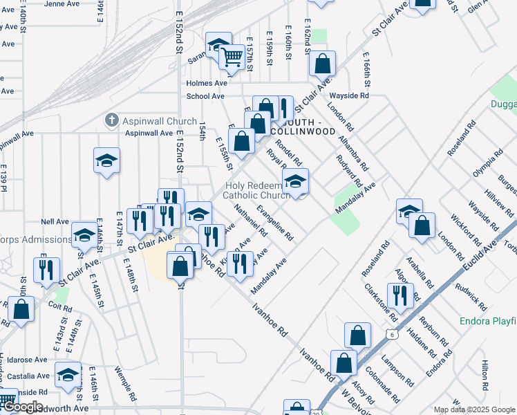map of restaurants, bars, coffee shops, grocery stores, and more near 945 Evangeline Road in Cleveland