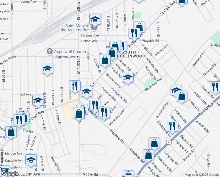 map of restaurants, bars, coffee shops, grocery stores, and more near 933 Nathaniel Road in Cleveland