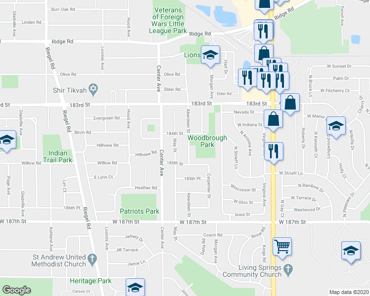 map of restaurants, bars, coffee shops, grocery stores, and more near 18430 Aberdeen Street in Homewood