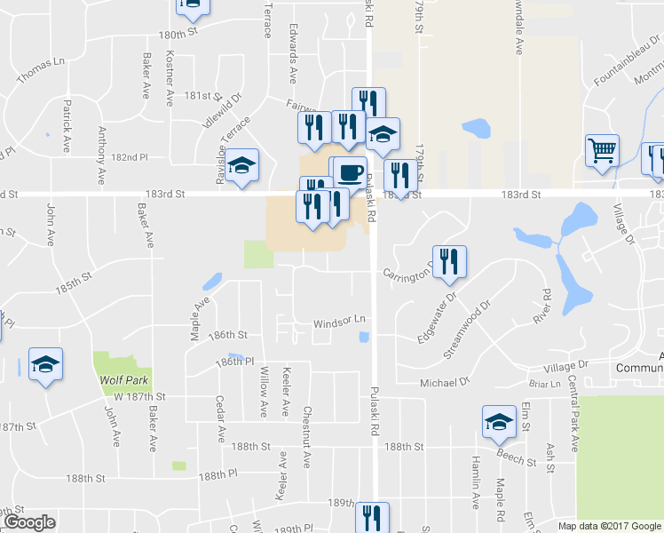 map of restaurants, bars, coffee shops, grocery stores, and more near 171 Williamsburg Road in Country Club Hills