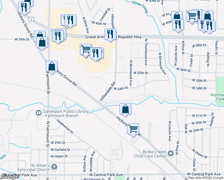 map of restaurants, bars, coffee shops, grocery stores, and more near 3368 Hillandale Road in Davenport