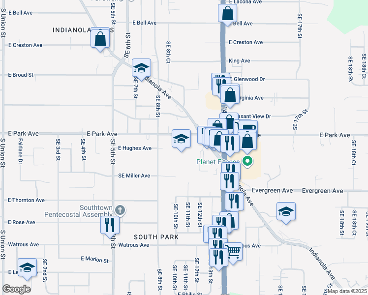 map of restaurants, bars, coffee shops, grocery stores, and more near 901 East Park Avenue in Des Moines
