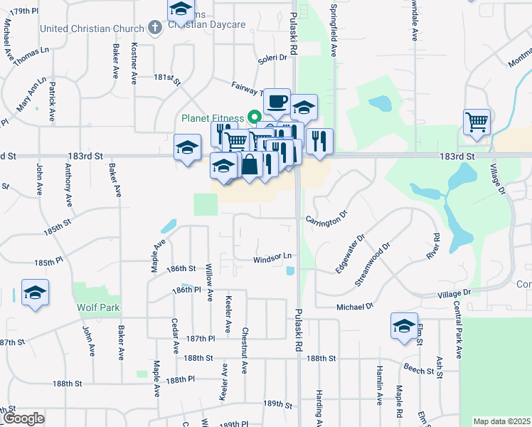 map of restaurants, bars, coffee shops, grocery stores, and more near 172 Williamsburg Road in Country Club Hills