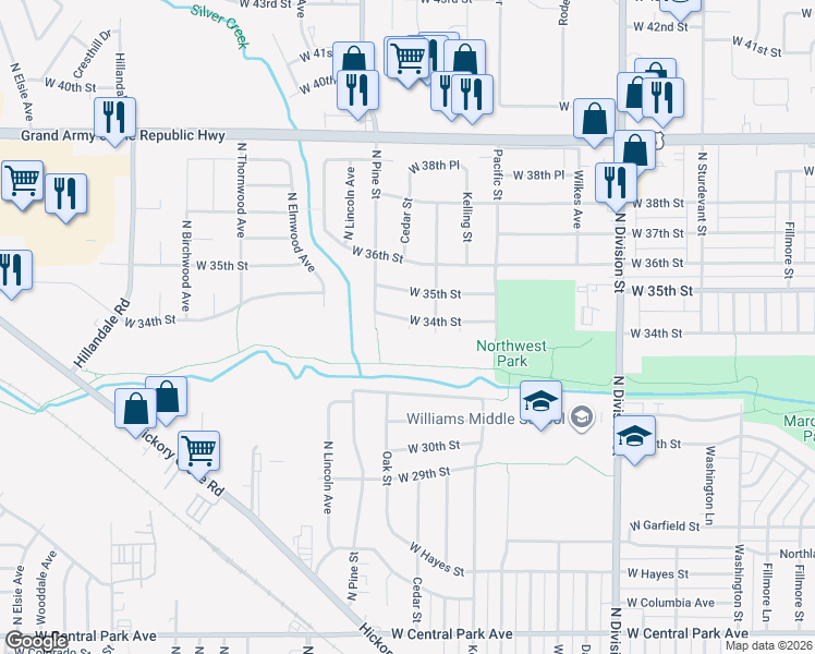 map of restaurants, bars, coffee shops, grocery stores, and more near 2163 West 34th Street in Davenport