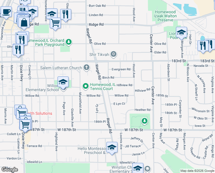 map of restaurants, bars, coffee shops, grocery stores, and more near 1450 Hillview Road in Homewood
