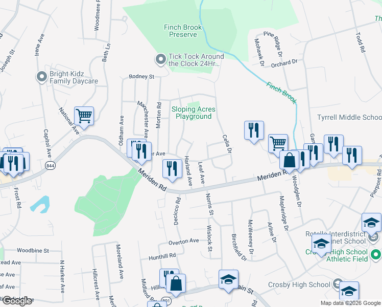 map of restaurants, bars, coffee shops, grocery stores, and more near 86 Harland Avenue in Waterbury
