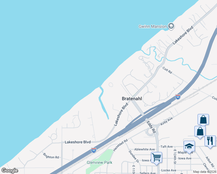 map of restaurants, bars, coffee shops, grocery stores, and more near 2 Bratenahl Place in Cleveland