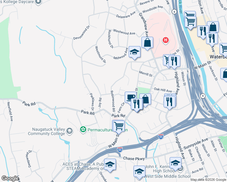 map of restaurants, bars, coffee shops, grocery stores, and more near 134 Robinwood Road in Waterbury