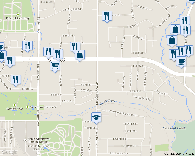 map of restaurants, bars, coffee shops, grocery stores, and more near 3330 Jersey Ridge Road in Davenport