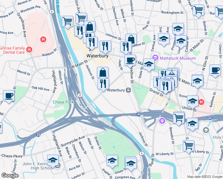 map of restaurants, bars, coffee shops, grocery stores, and more near 185 Freight St in Waterbury