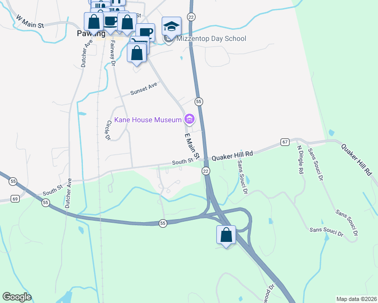 map of restaurants, bars, coffee shops, grocery stores, and more near 135 East Main Street in Pawling