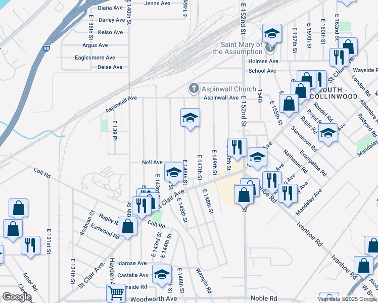 map of restaurants, bars, coffee shops, grocery stores, and more near 913 East 146th Street in Cleveland