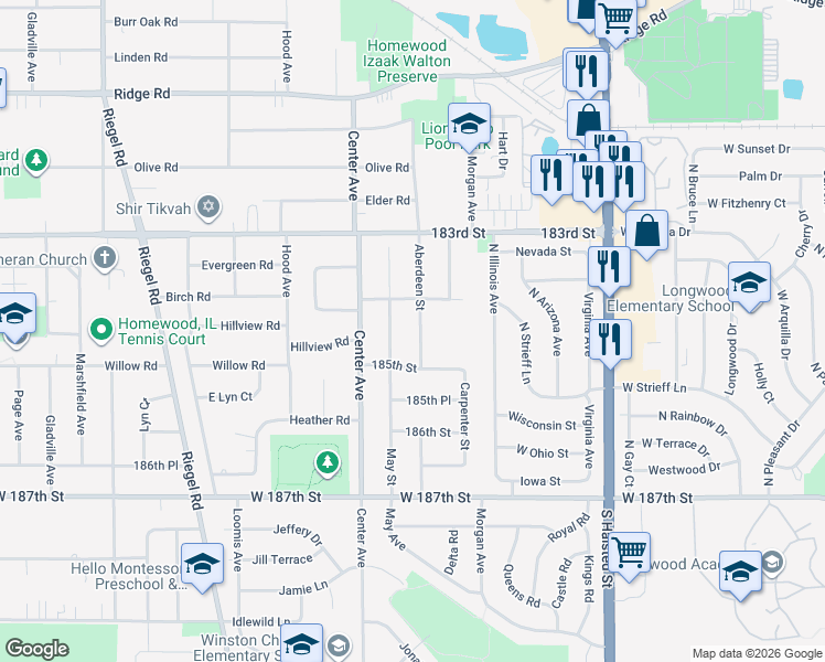 map of restaurants, bars, coffee shops, grocery stores, and more near 18430 Aberdeen Street in Homewood