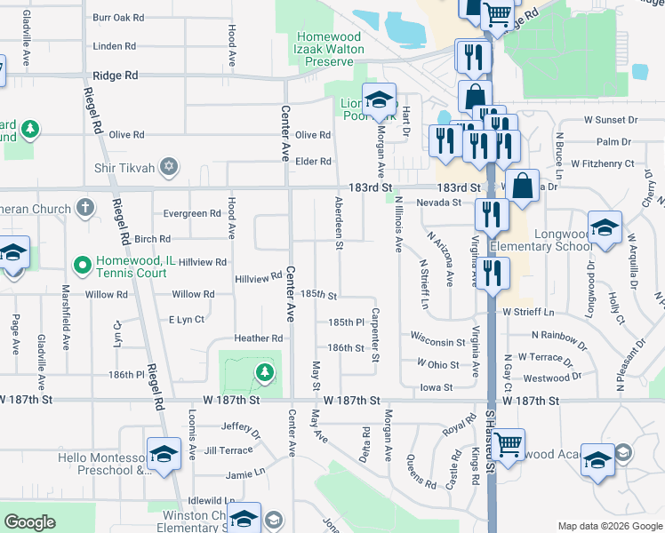 map of restaurants, bars, coffee shops, grocery stores, and more near 18430 Aberdeen Street in Homewood