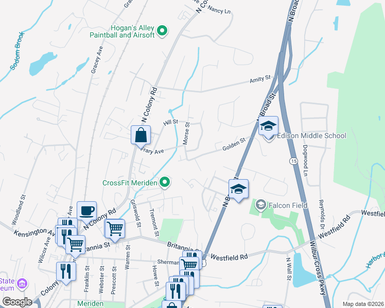 map of restaurants, bars, coffee shops, grocery stores, and more near 145 Golden Street in Meriden