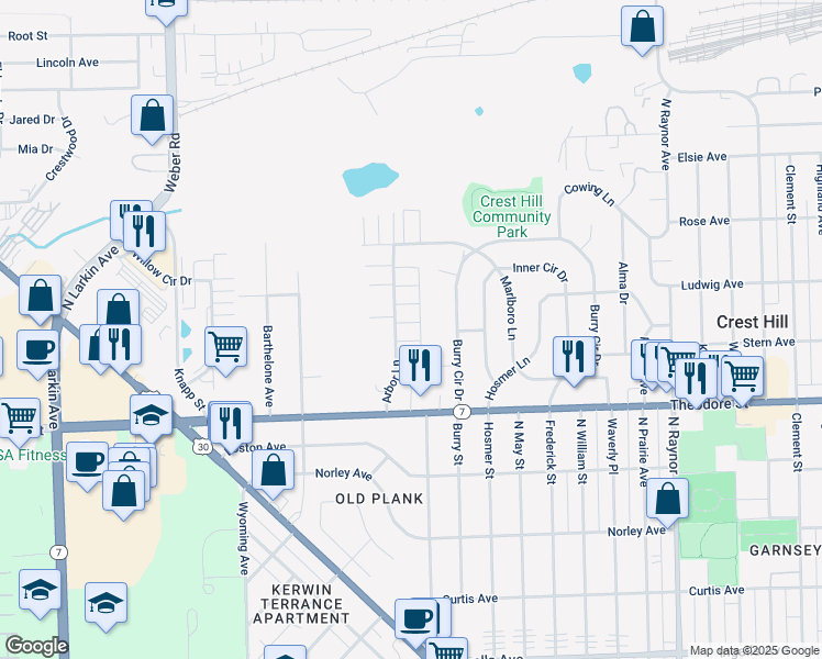 map of restaurants, bars, coffee shops, grocery stores, and more near 1710 Arbor Lane in Crest Hill