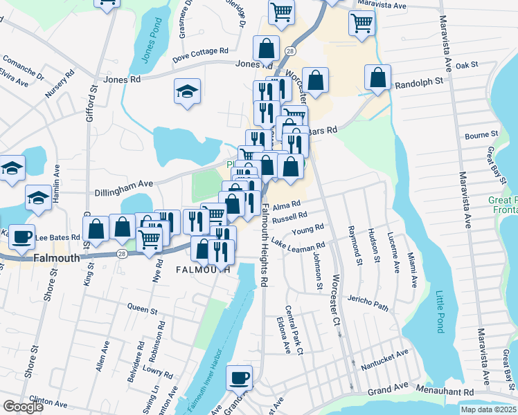 map of restaurants, bars, coffee shops, grocery stores, and more near 871 Main Street in Falmouth