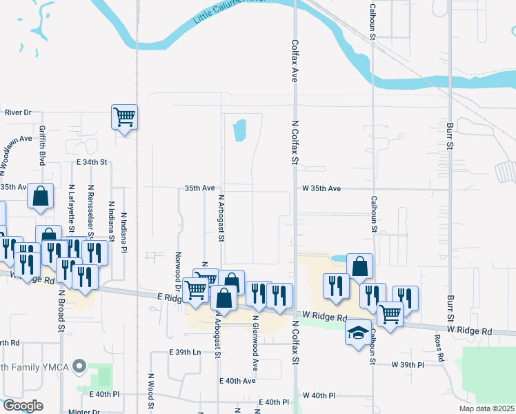 map of restaurants, bars, coffee shops, grocery stores, and more near 1831 Park West Boulevard in Griffith