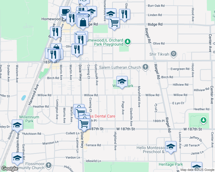 map of restaurants, bars, coffee shops, grocery stores, and more near 18435 Homewood Avenue in Homewood
