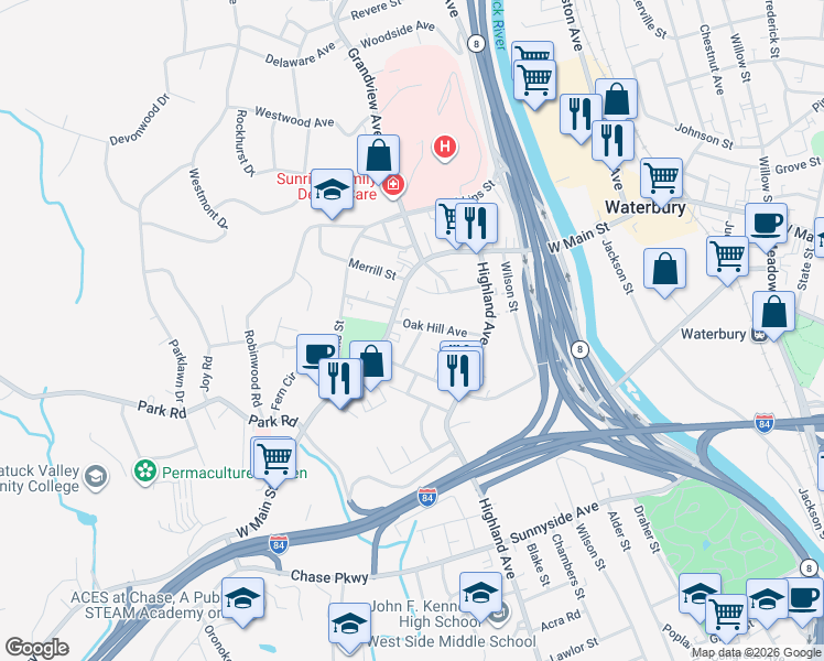 map of restaurants, bars, coffee shops, grocery stores, and more near 79 Oak Hill Avenue in Waterbury