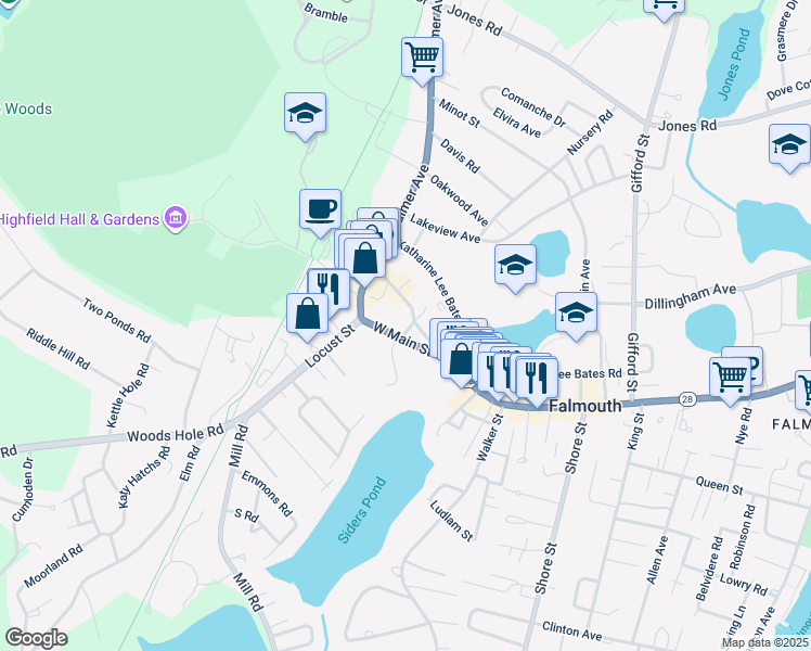 map of restaurants, bars, coffee shops, grocery stores, and more near 12 Hewins Street in Falmouth