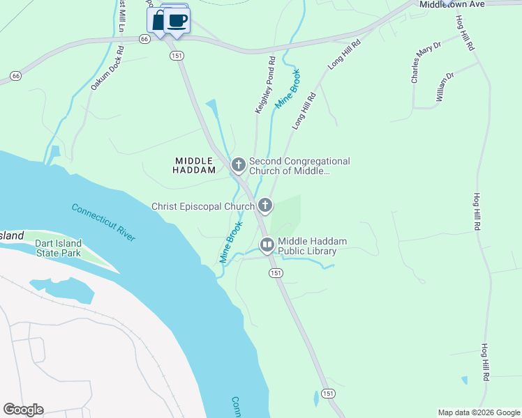 map of restaurants, bars, coffee shops, grocery stores, and more near 66 Middle Haddam Road in East Hampton