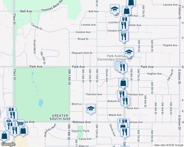 map of restaurants, bars, coffee shops, grocery stores, and more near 3223 Southwest 12th Place in Des Moines