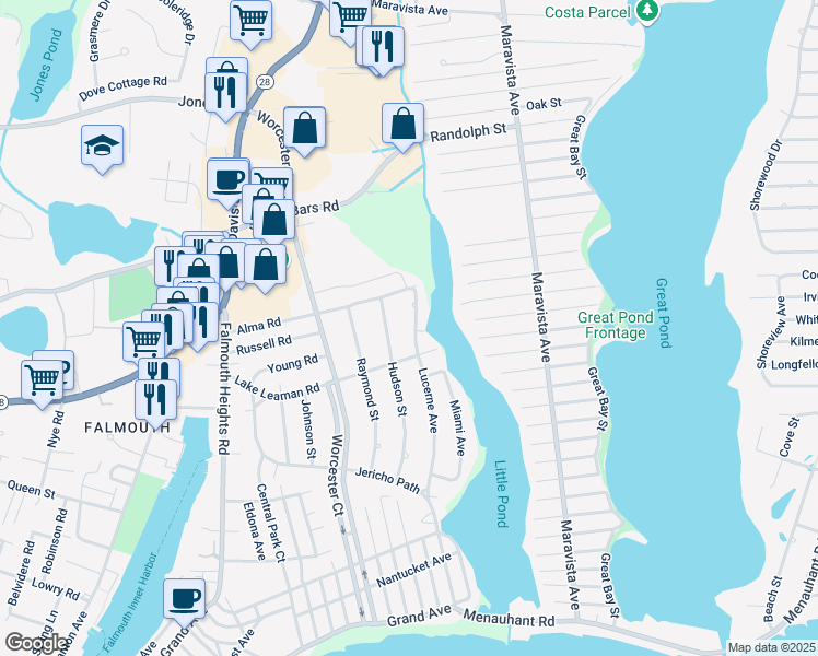 map of restaurants, bars, coffee shops, grocery stores, and more near 92 Lucerne Avenue in Falmouth