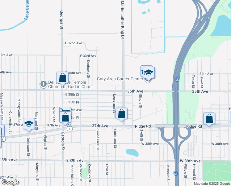 map of restaurants, bars, coffee shops, grocery stores, and more near 1400 East 35th Court in Gary