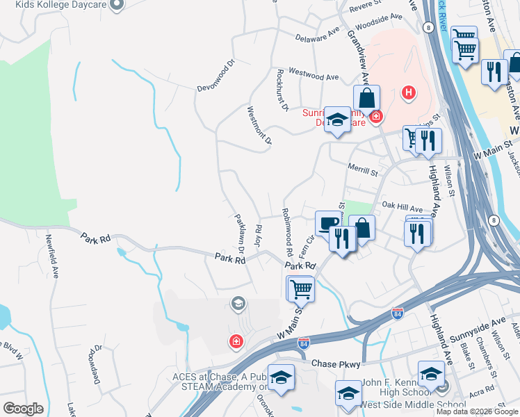 map of restaurants, bars, coffee shops, grocery stores, and more near 78 Joy Road in Waterbury