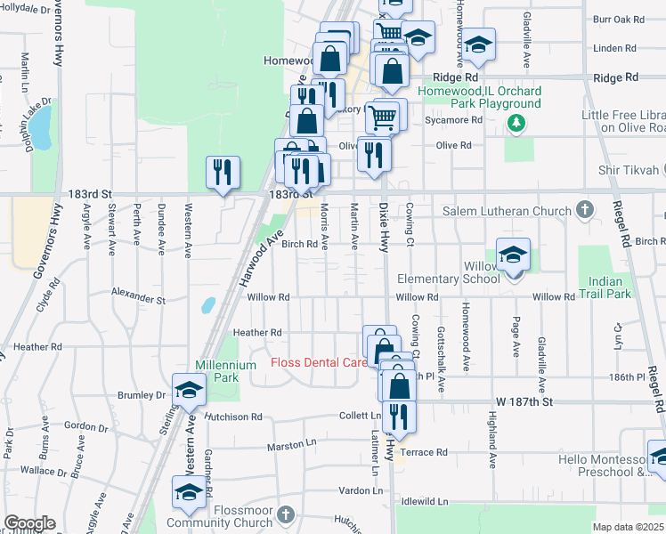 map of restaurants, bars, coffee shops, grocery stores, and more near 18433 Morris Avenue in Homewood