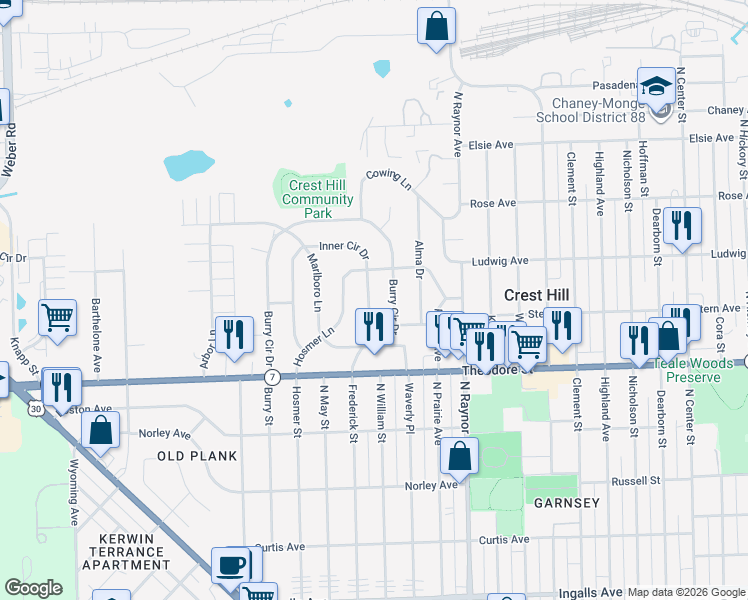 map of restaurants, bars, coffee shops, grocery stores, and more near 1909 Innercircle Drive in Crest Hill