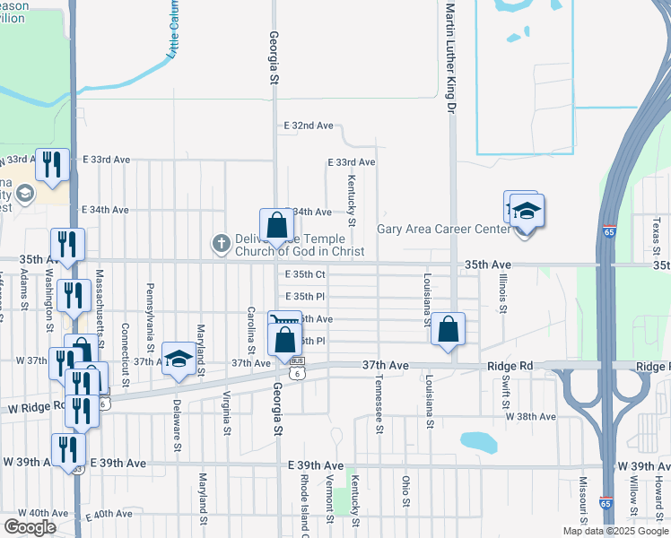 map of restaurants, bars, coffee shops, grocery stores, and more near 1008 East 35th Court in Gary