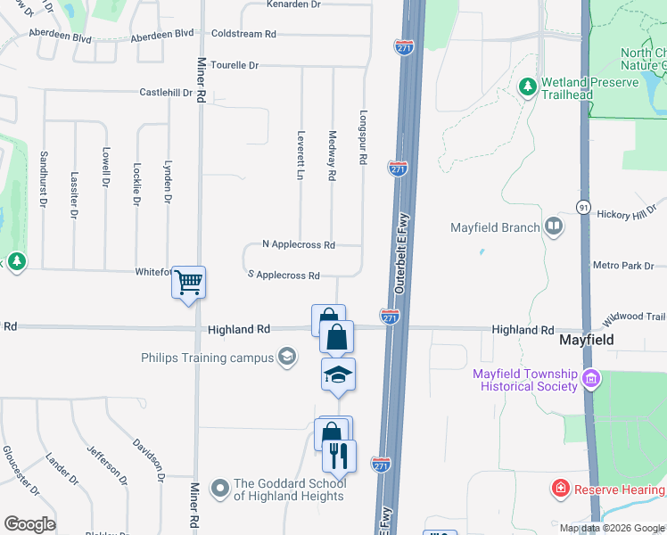map of restaurants, bars, coffee shops, grocery stores, and more near 6293 South Applecross Road in Highland Heights