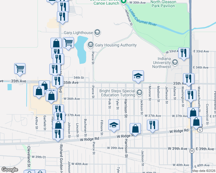 map of restaurants, bars, coffee shops, grocery stores, and more near 1005 West 35th Avenue in Gary